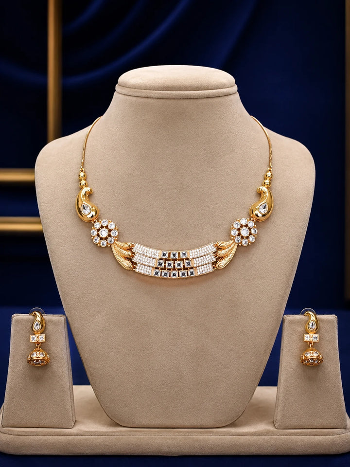 Peacock Choker Necklace Set with gold-toned finish, white crystal work, square accent stones, and matching drop earrings