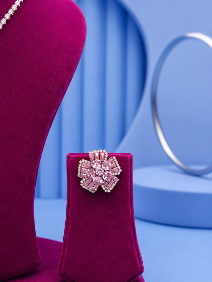 Pink Floral Necklace Set with silver-toned crystal chain, pink floral pendant, and matching stud earrings