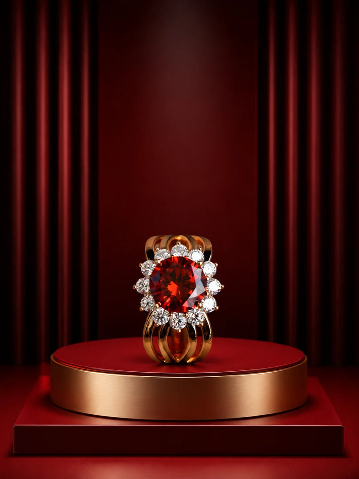 Red Crystal Ring with gold-toned halo design, bold red center stone, clear crystal-style accents, and broad statement band