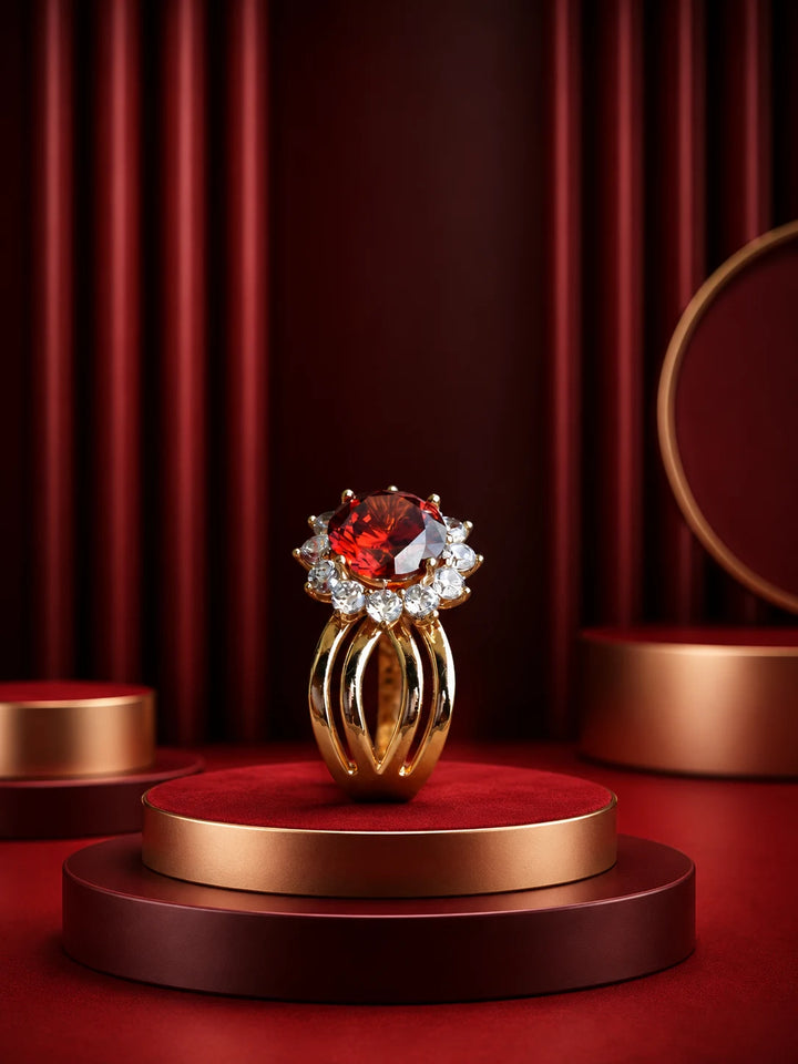 Red Crystal Ring with gold-toned halo design, bold red center stone, clear crystal-style accents, and broad statement band