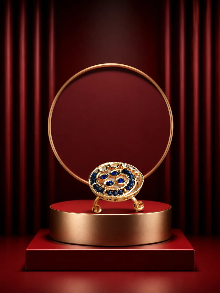 Blue Beaded Kundan Ring with gold-toned round design, deep blue bead accents, white kundan-style stones, and crystal detailing