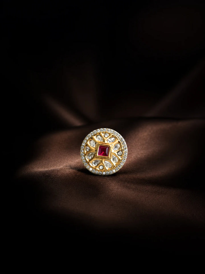 Square Kundan Ring with red square center stone, gold-toned round design, white kundan-style accents, and crystal border