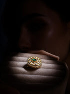 Square Kundan Ring with green square center stone, gold-toned statement design, white kundan-style accents, and crystal border