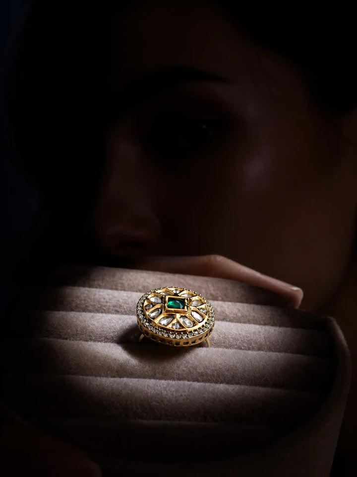 Square Kundan Ring with green square center stone, gold-toned statement design, white kundan-style accents, and crystal border
