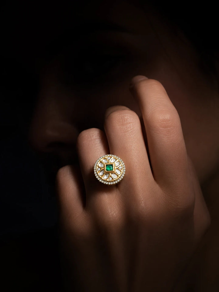 Square Kundan Ring with green square center stone, gold-toned statement design, white kundan-style accents, and crystal border