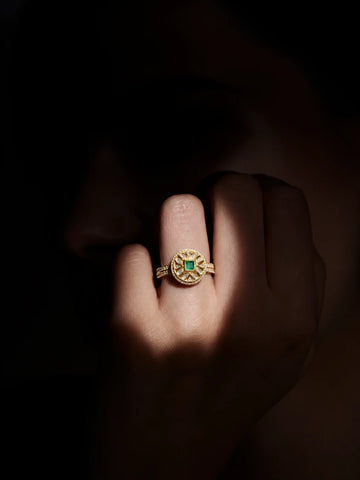Square Kundan Ring with green square center stone, gold-toned statement design, white kundan-style accents, and crystal border