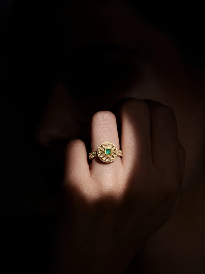 Square Kundan Ring with green square center stone, gold-toned statement design, white kundan-style accents, and crystal border