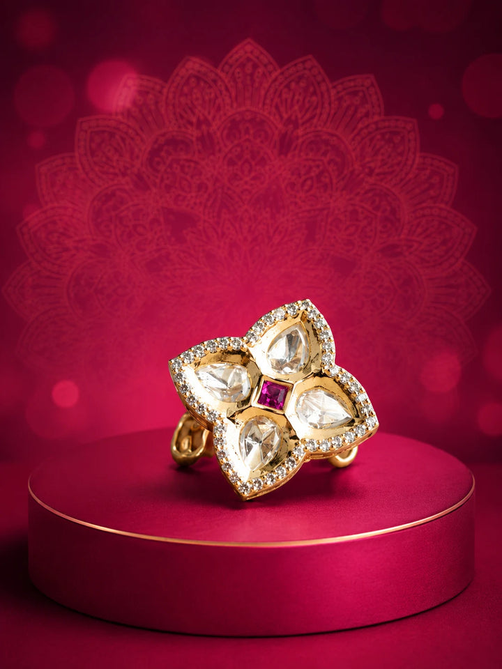 Floral Kundan Ring with red square center stone, gold-toned floral design, white kundan-style stones, and crystal border