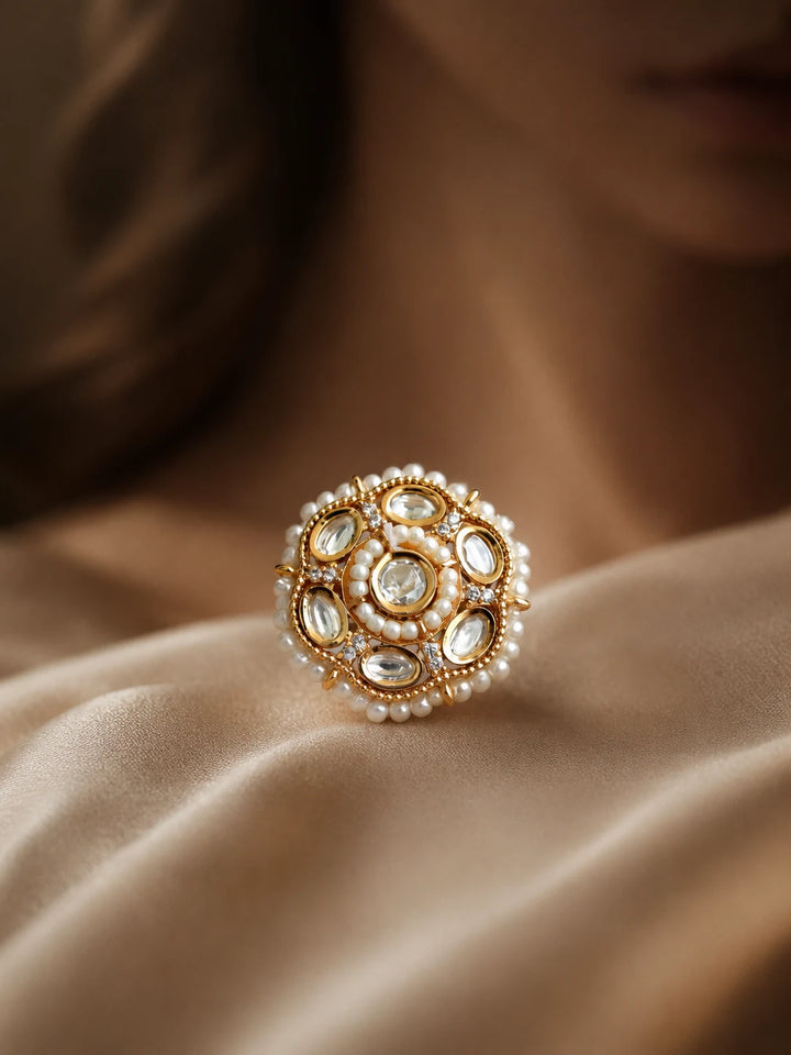 Beaded Kundan Ring with pearl-style bead border, gold-toned round design, white kundan-style stones, and crystal detailing