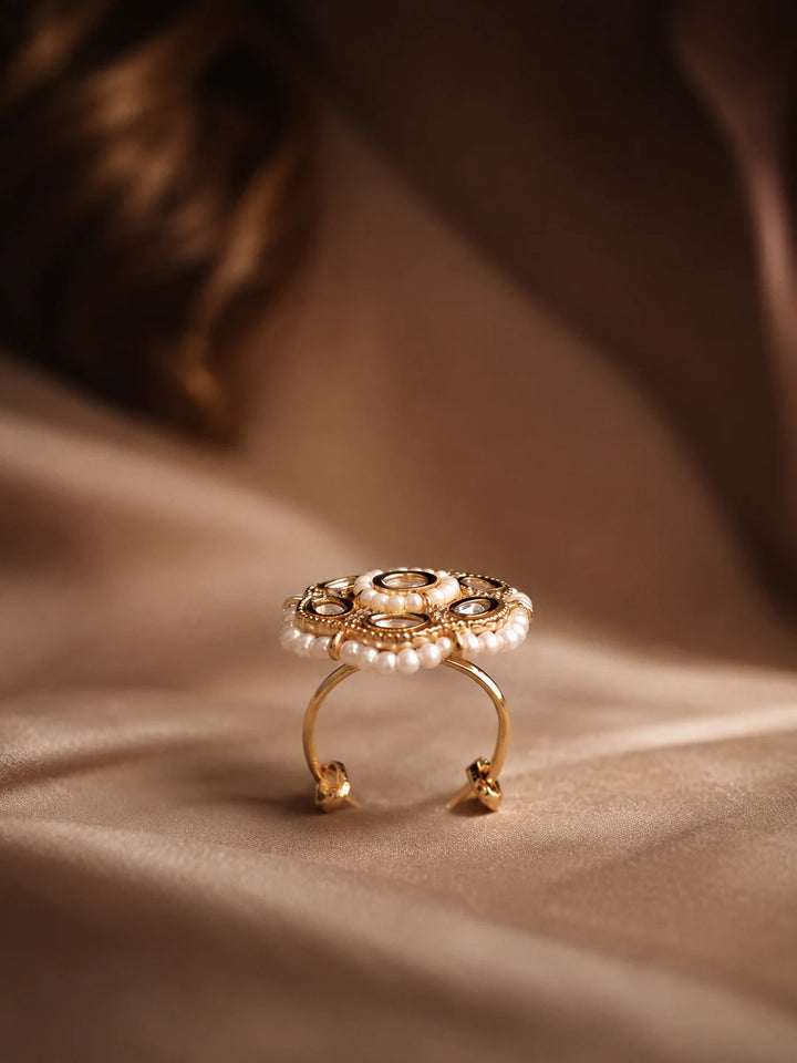 Beaded Kundan Ring with pearl-style bead border, gold-toned round design, white kundan-style stones, and crystal detailing