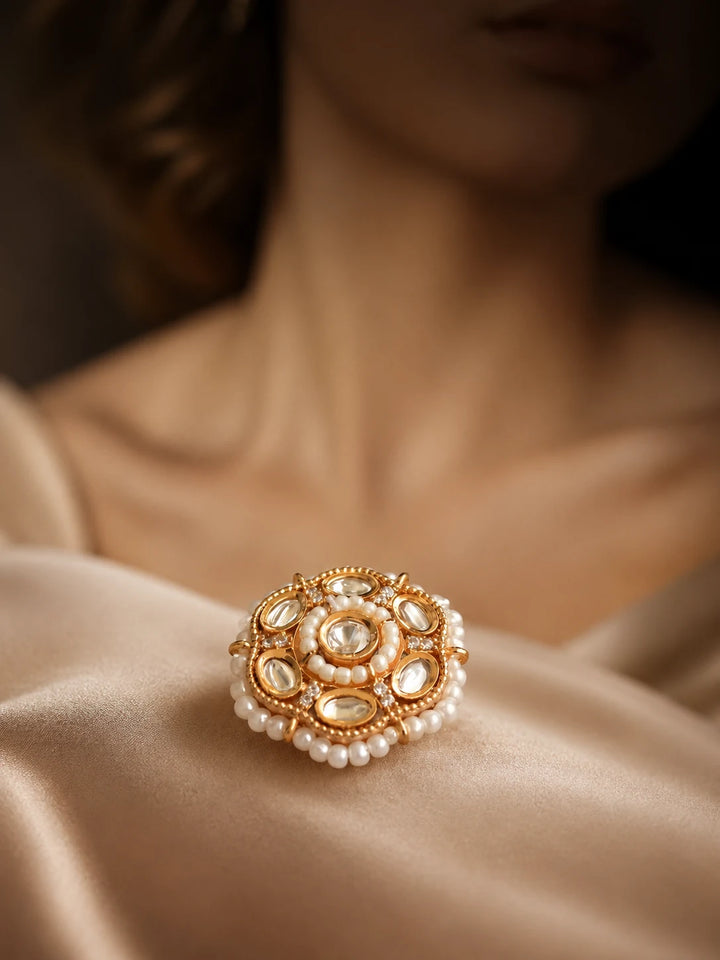 Beaded Kundan Ring with pearl-style bead border, gold-toned round design, white kundan-style stones, and crystal detailing