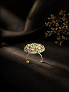 Beaded Kundan Ring with mint bead detailing, gold-toned finish, white kundan-style accents, and round statement design