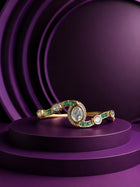 Crystal Kundan Bracelet with green stone accents, gold-toned openable kada design, and clear kundan-style stones