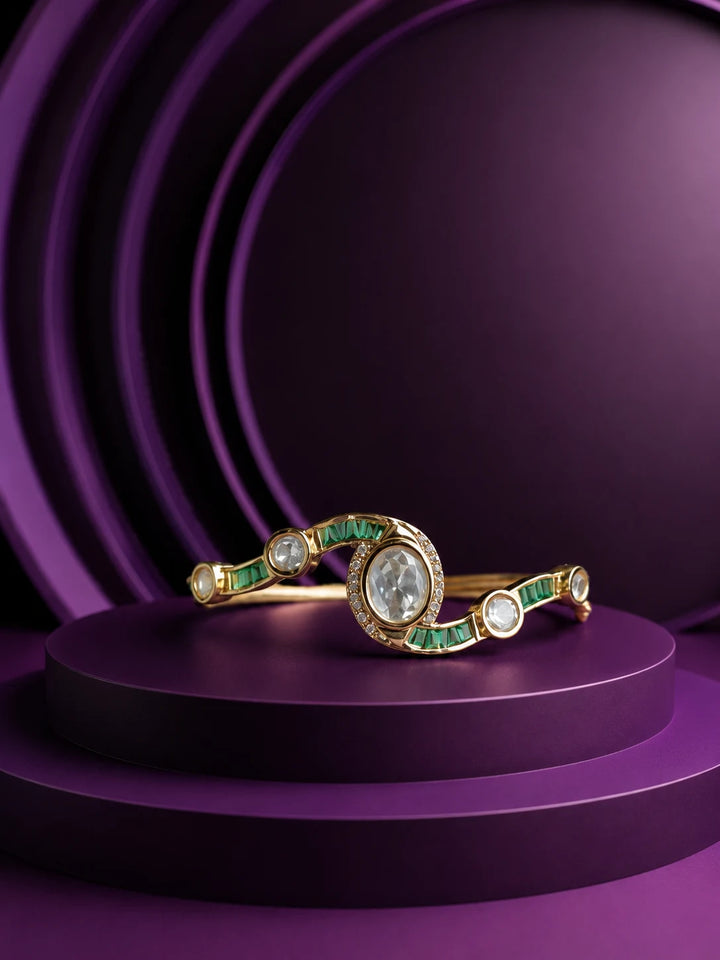 Crystal Kundan Bracelet with green stone accents, gold-toned openable kada design, and clear kundan-style stones