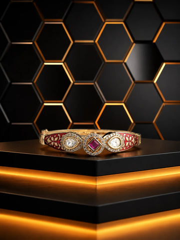 Meenakari Kundan Bracelet with red enamel panels, square pink center stone, gold-toned finish, and white kundan-style accents