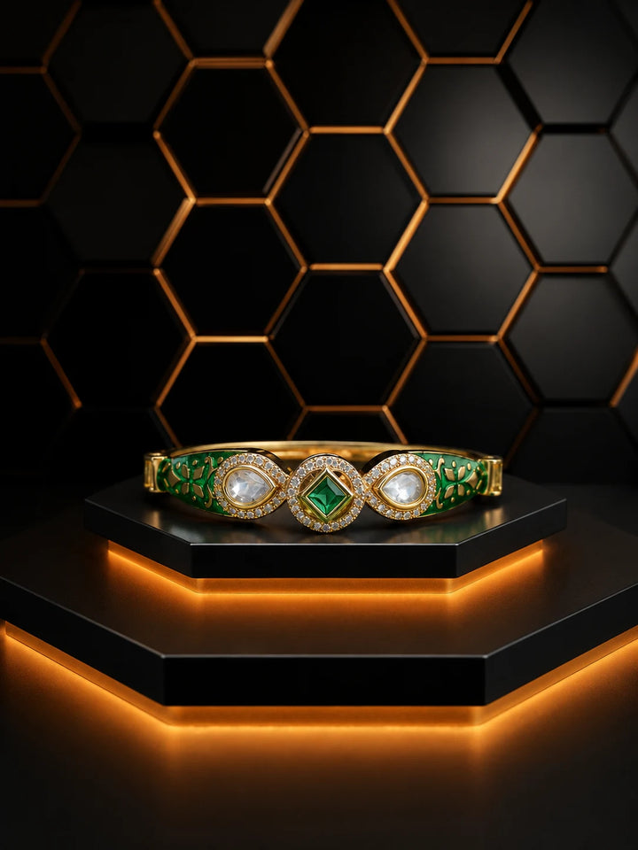 Meenakari Kundan Bracelet with green enamel panels, square green center stone, gold-toned finish, and kundan-style accents