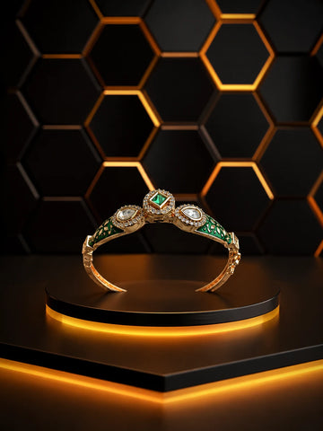 Meenakari Kundan Bracelet with green enamel panels, square green center stone, gold-toned finish, and kundan-style accents