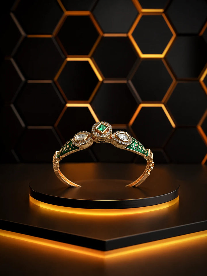 Meenakari Kundan Bracelet with green enamel panels, square green center stone, gold-toned finish, and kundan-style accents