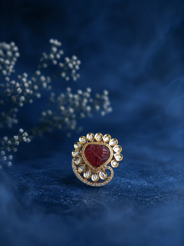 Heart Kundan Ring with red heart center stone, gold-toned design, white kundan-style accents, and crystal border