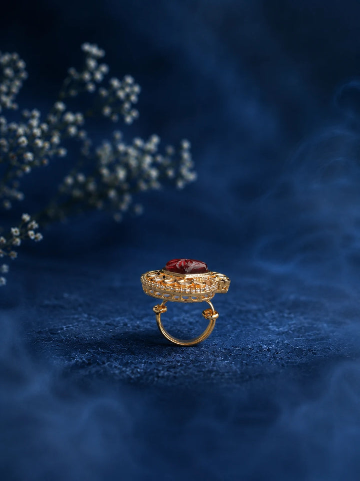 Heart Kundan Ring with red heart center stone, gold-toned design, white kundan-style accents, and crystal border