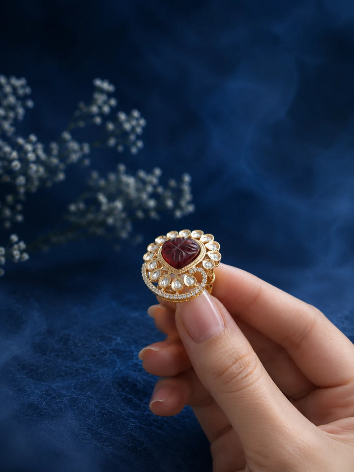 Heart Kundan Ring with red heart center stone, gold-toned design, white kundan-style accents, and crystal border