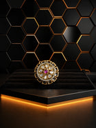Pink Kundan Ring with gold-toned layered round design, pink center stone, white kundan-style accents, and crystal detailing