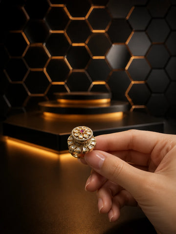 Pink Kundan Ring with gold-toned layered round design, pink center stone, white kundan-style accents, and crystal detailing