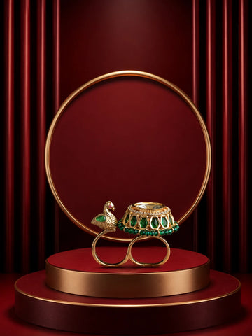 Peacock Kundan Ring with gold-toned double ring design, green stone detailing, and kundan-style accents