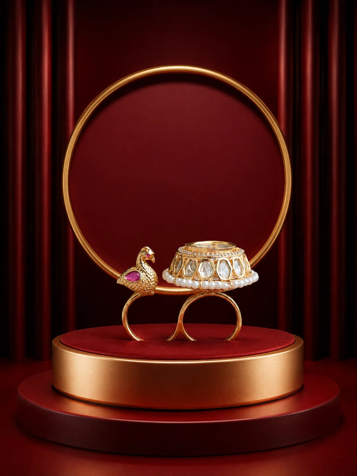 Peacock Kundan Ring with gold-toned bird motif, pearl-style detailing, white kundan-style stones, and round statement top