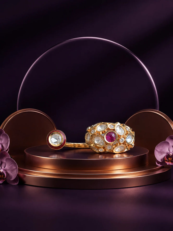 Kundan Two Finger Ring with pink center stone, gold-toned dual design, white kundan-style accents, and crystal detailing