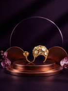 Kundan Two Finger Ring with pink center stone, gold-toned dual design, white kundan-style accents, and crystal detailing