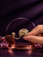 Kundan Two Finger Ring with pink center stone, gold-toned dual design, white kundan-style accents, and crystal detailing