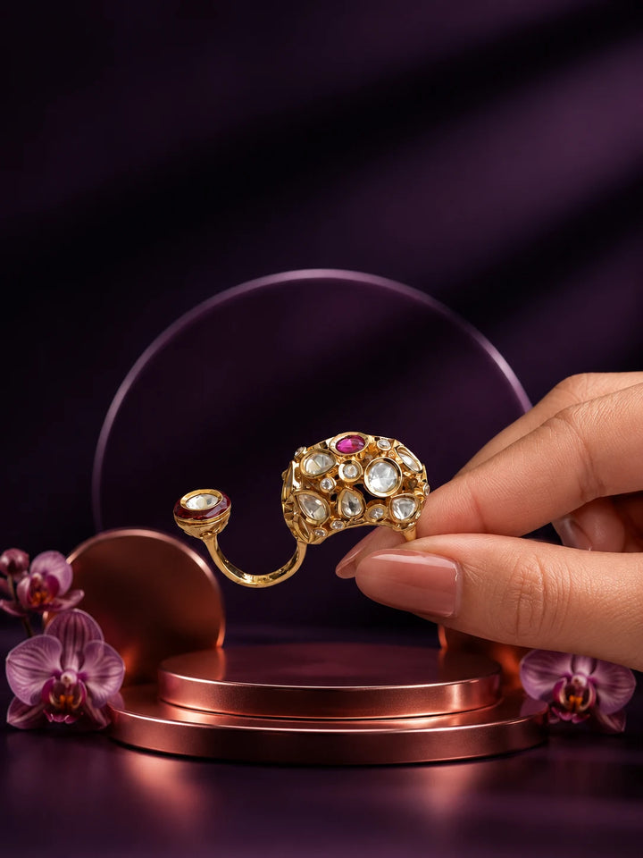 Kundan Two Finger Ring with pink center stone, gold-toned dual design, white kundan-style accents, and crystal detailing