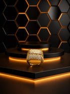 Gold-Toned Crystal Ring with broad geometric design, clear crystal-style pavé work, and side cutout detailing