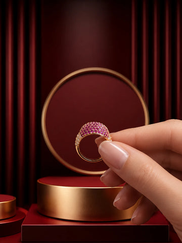 Pink Crystal Ring with gold-toned band, pavé-style magenta crystal top, and clear side accents