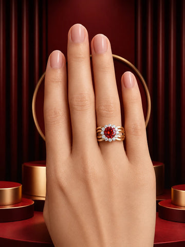 Red Crystal Ring with gold-toned halo design, bold red center stone, clear crystal-style accents, and broad statement band