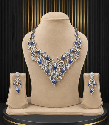 Blue Stone Silver Necklace Set Party Wear