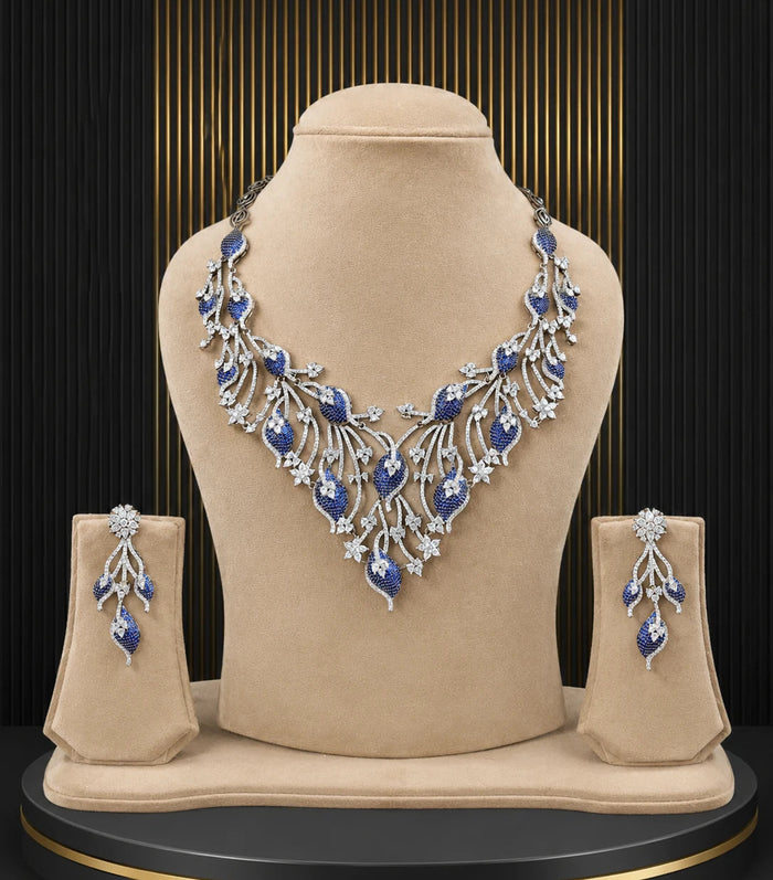 Blue Stone Silver Necklace Set Party Wear