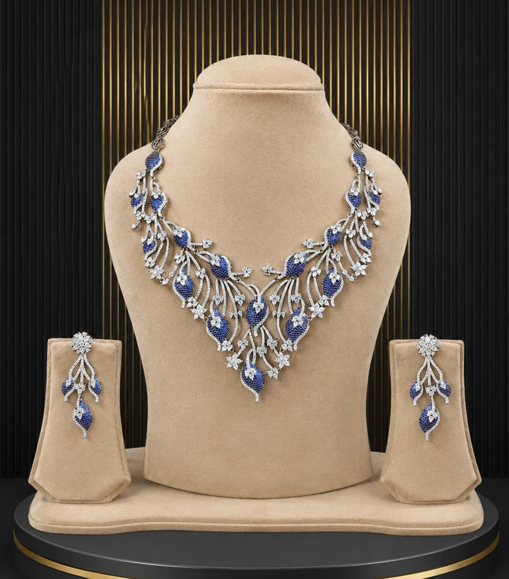 Blue Stone Silver Necklace Set Party Wear