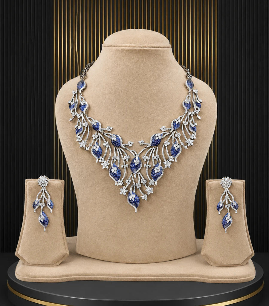 Blue Stone Silver Necklace Set Party Wear