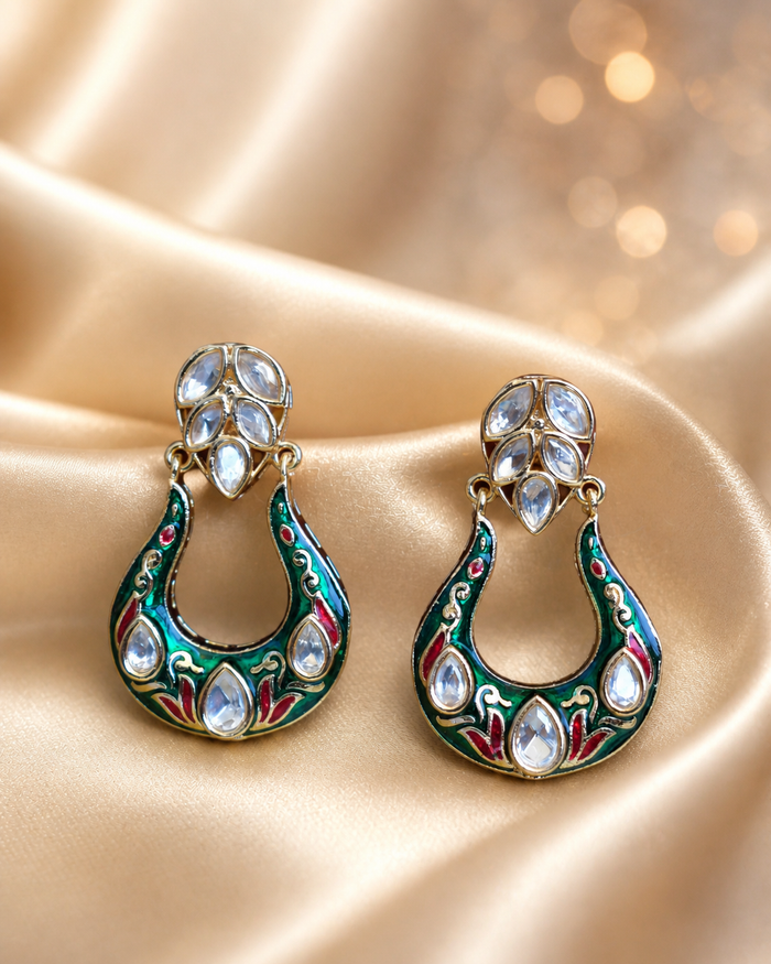 Kundan Meenakari Hoop Earrings Green Festive Wear