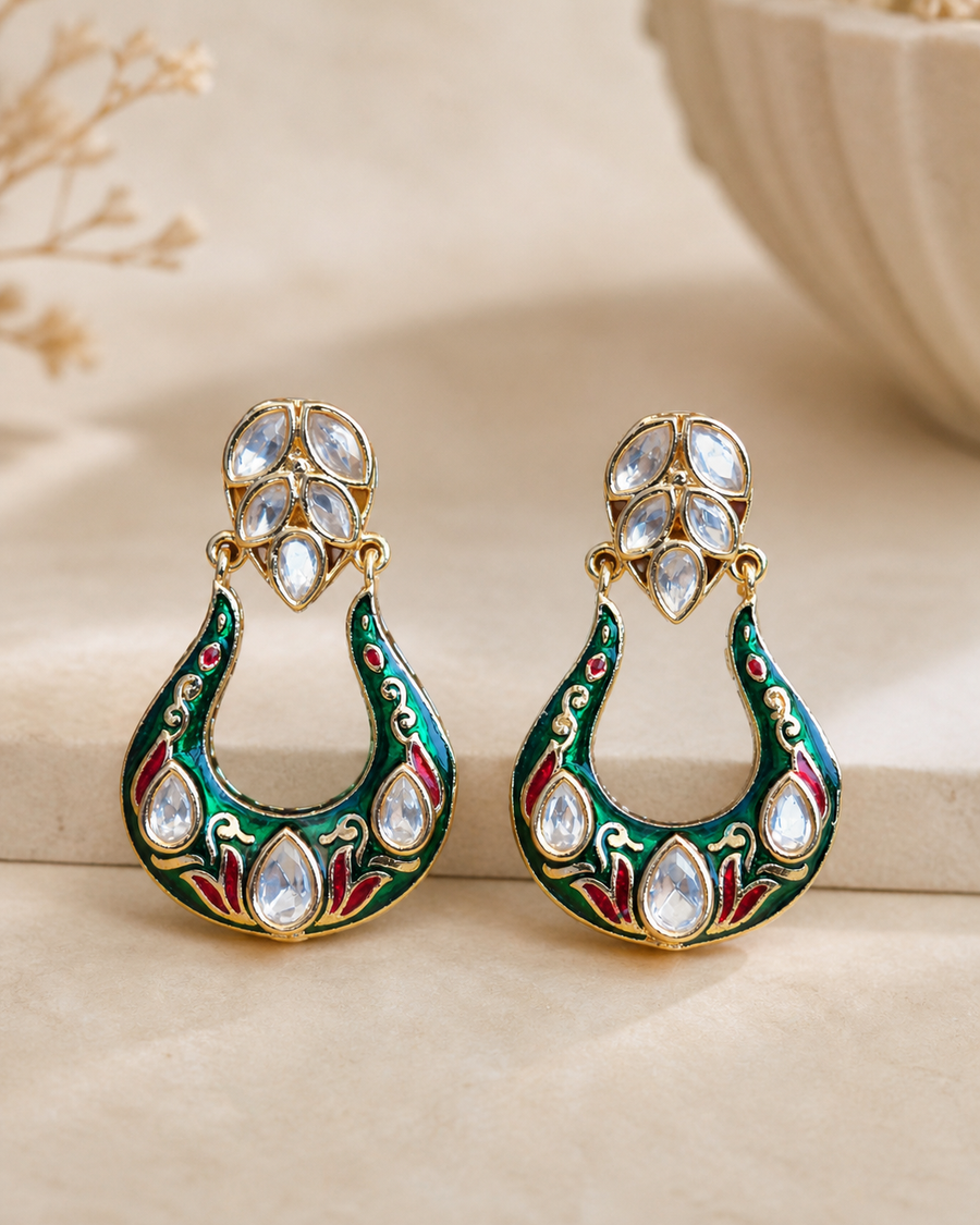 Kundan Meenakari Hoop Earrings Green Festive Wear