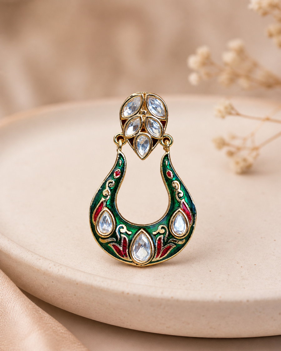 Kundan Meenakari Hoop Earrings Green Festive Wear