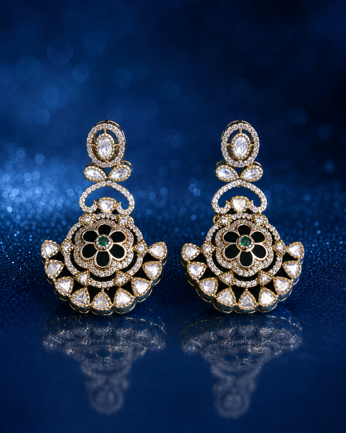 Floral Kundan Drop Earrings Gold Party Wear - alternate view