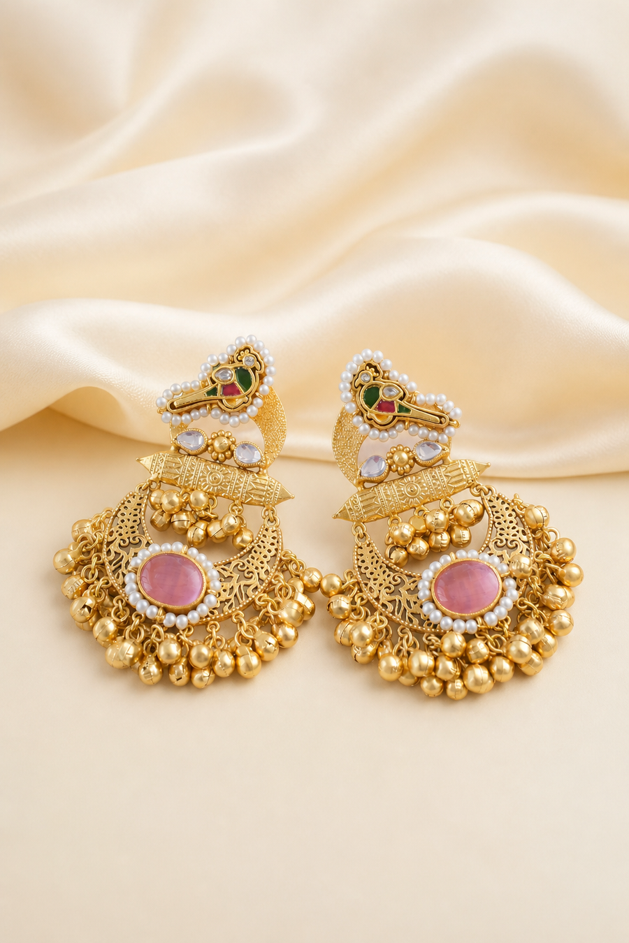 Traditional Gold Jhumka Earrings with Pearl & Pink Stone