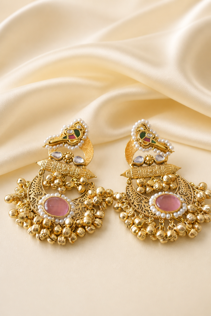 Traditional Gold Jhumka Earrings with Pearl & Pink Stone - alternate view