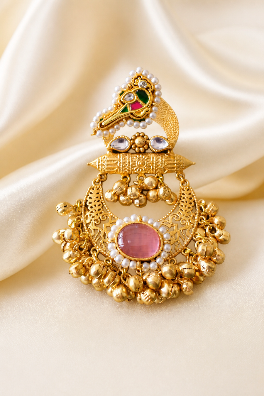 Traditional Gold Jhumka Earrings with Pearl & Pink Stone
