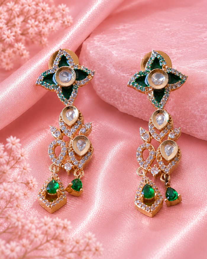 Elegant Green Kundan Drop Earrings for Party Wear