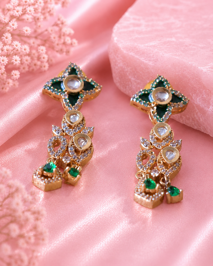 Elegant Green Kundan Drop Earrings for Party Wear - alternate view