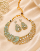 Majestic Emerald Green Kundan Necklace Set with Polki Accents